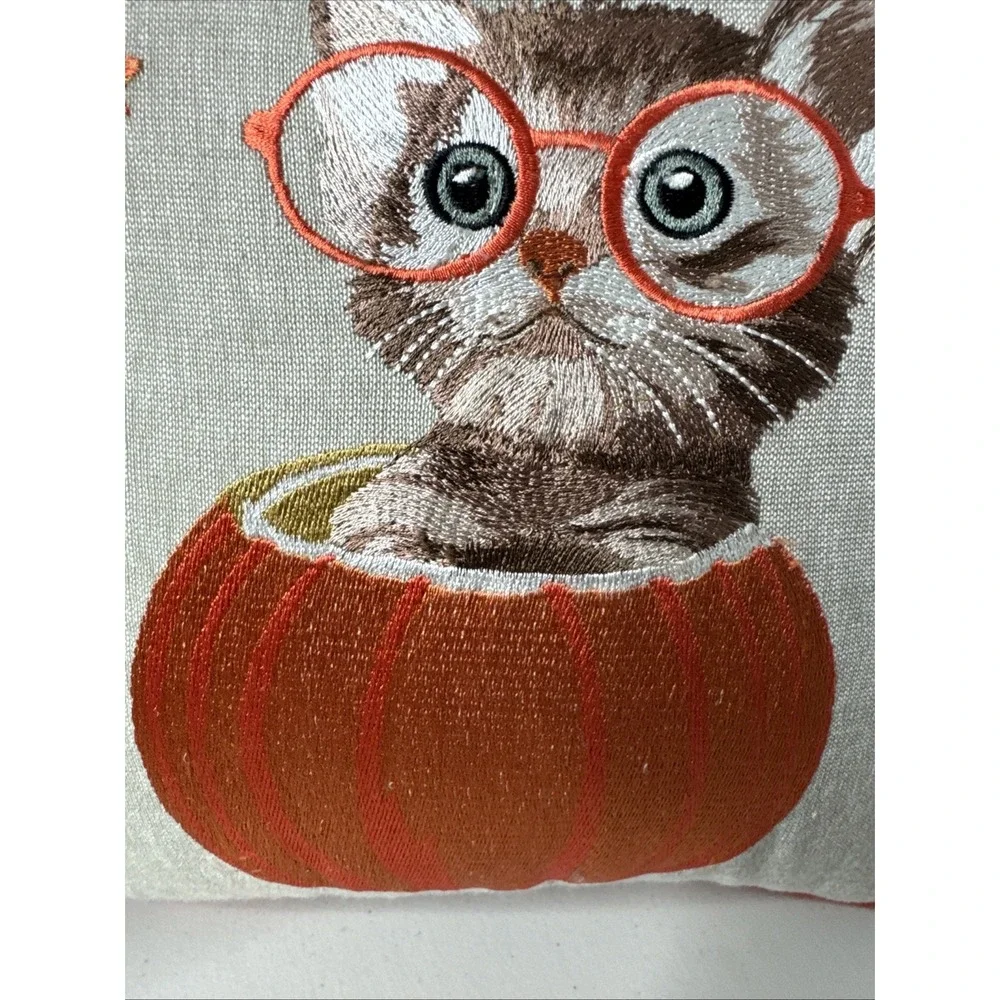 Pier 1 One Pumpkin Kitty Cat w Glasses Pillow Embroidered Leaves Tabby EUC 12